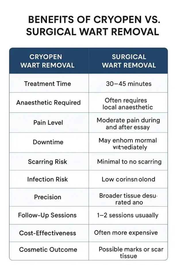 Table showing the benefits of cryopen to remove warts Farnham compared to surgical treatment